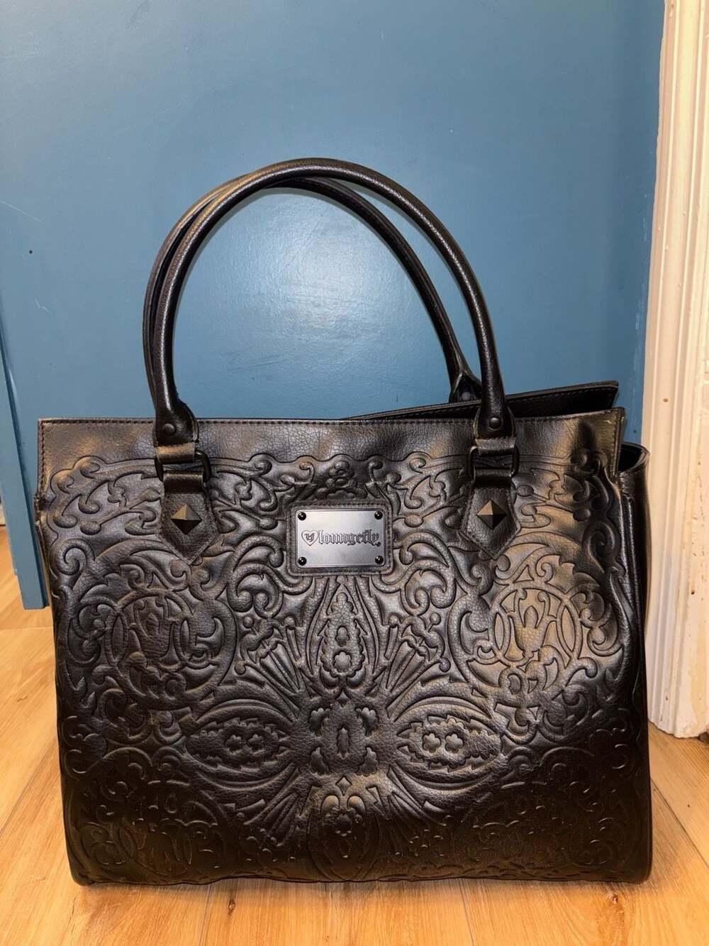 Loungefly Black On Black Lattice Skull Tote